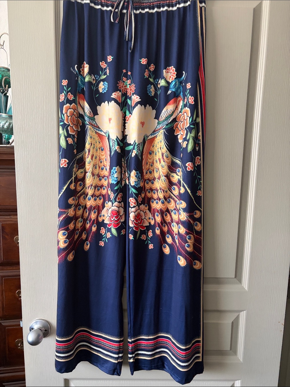 Navy Peacock-Print Curtain Panel with Floral Accents